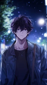 Melancholic anime boy under glowing city night lights.