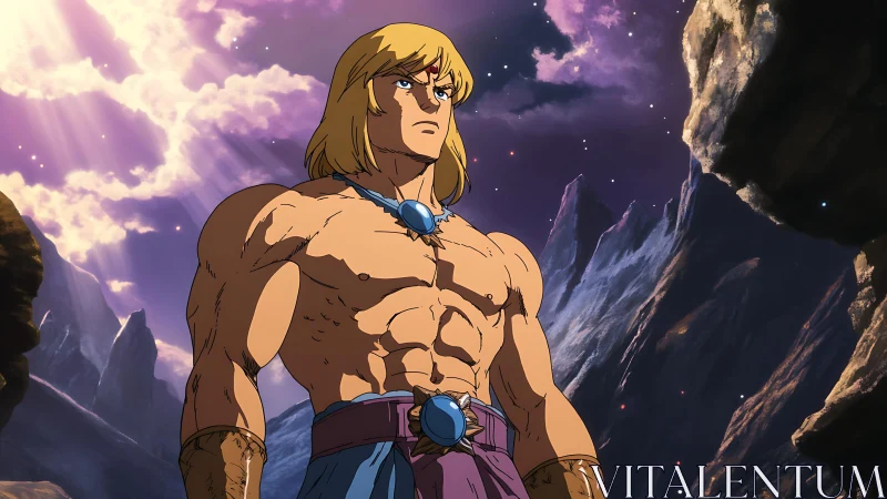 Heroic muscular warrior under cosmic sky, cel-shaded lighting