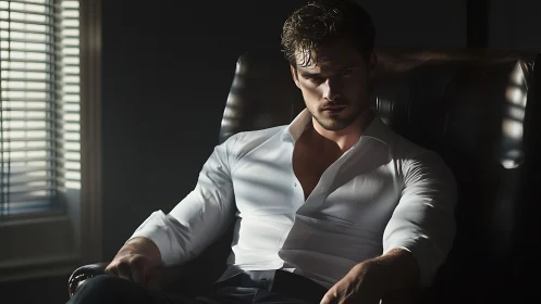 Moody office portrait in late afternoon window light.