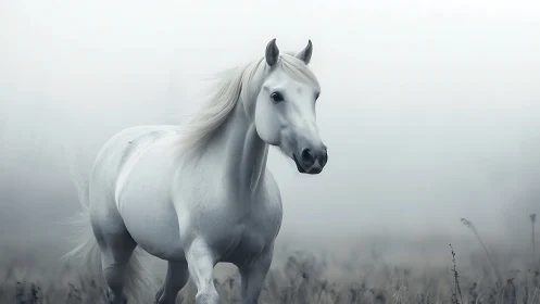 White horse standing in foggy field with muted background.
