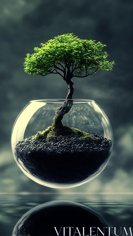 Photorealistic bonsai terrarium in levitating glass sphere.
