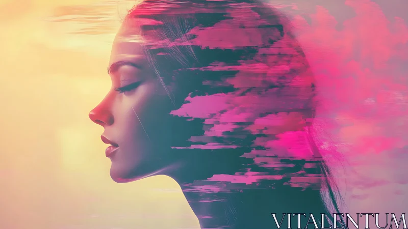 Glitched chromatic profile of meditative female visage rendered.