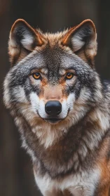 Front-facing gray wolf portrait with shallow depth of field