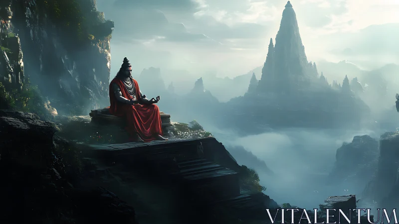 Mountain deity in red meditates above misty valley.