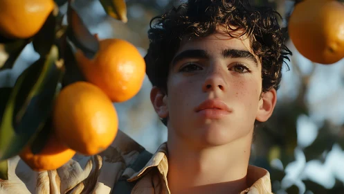 Sunlit citrus dreamer framed by glowing orange branches.