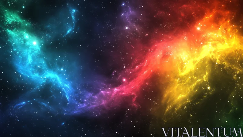 Rainbow nebula arc across deep star-filled cosmos.