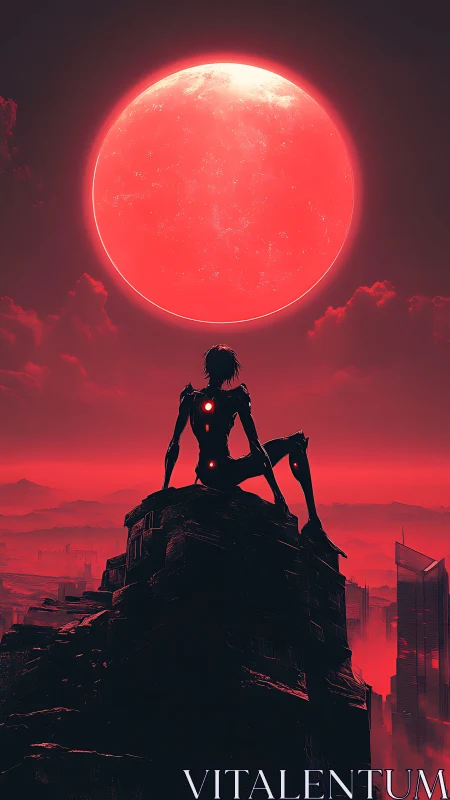 Cyborg silhouette under large red moon above cityscape.