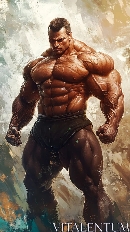 Muscular male figure in stylized digital bodybuilding study.