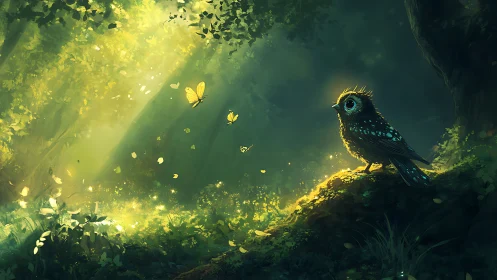 Enchanted owl in magical forest with glowing butterflies, digital art.