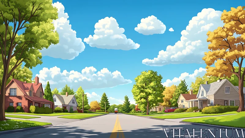 Digital painting of sunny suburban street perspective study.