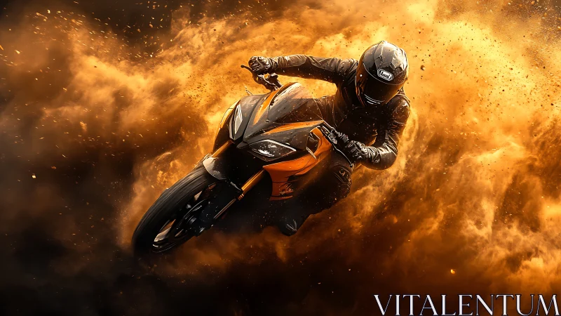 Motorcyclist carves through blazing clouds of dust and light