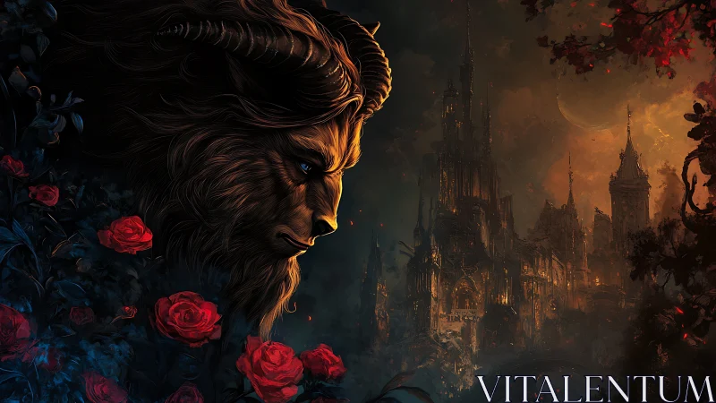 Brooding horned guardian amid roses and emberlit castle night.