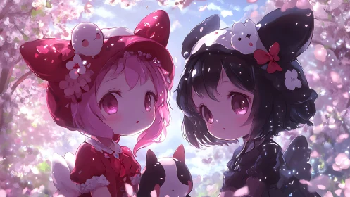 Blossom-kissed chibi cat girls cradle springtime magic hush.