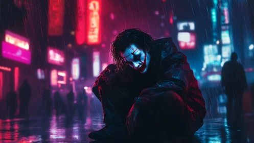 Solitary clown figure crouches in neon‑lit cyberpunk rain