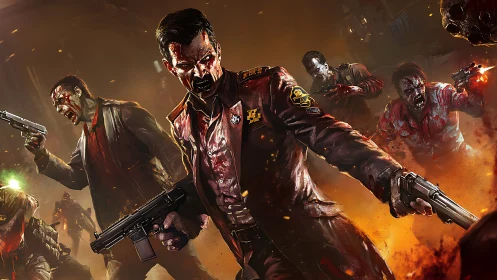 Heavily armed infected squad advances through burning corridor