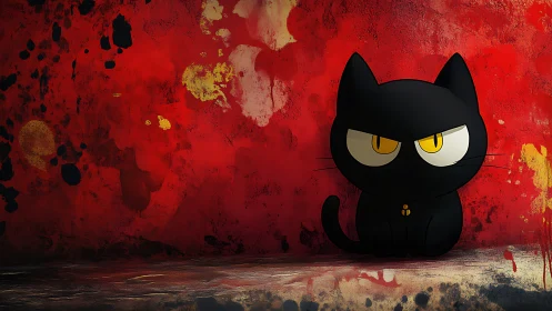 Menacing Black Cat with Glowing Eyes Against Grunge Red Wall