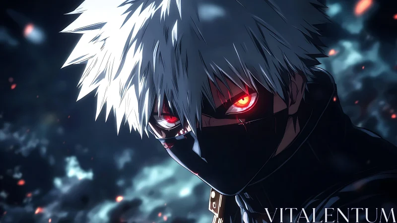 Masked silver-haired warrior glares with blazing red eyes.