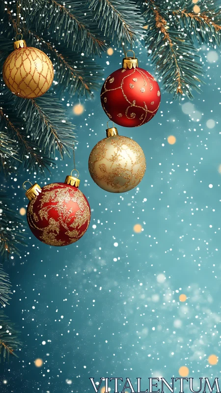 Sparkling red and gold baubles in a snowy winter hush.