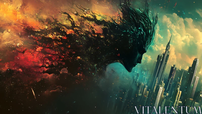 Elemental cosmic spirit descending over futuristic cityscape.