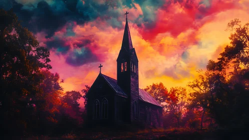 Old wooden church rises beneath a blazing neon sunset sky