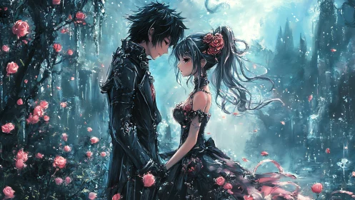 Star-crossed lovers share a tender moment in a roselit storm