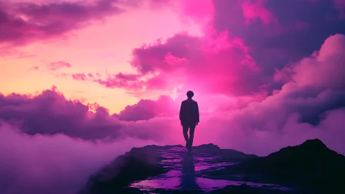 Silhouette on cliff against pink and purple clouded sky.