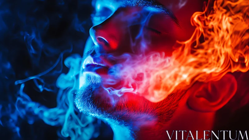 Man&rsquo;s face lit by blue and red light with swirling smoke