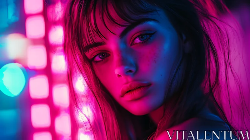 Female portrait in neon pink and blue studio lighting setup.