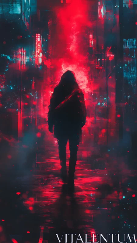 Lone silhouette walks through neon red cyberpunk alleyway
