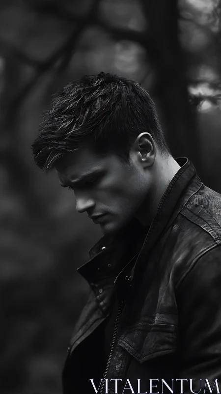 Moody male portrait in monochrome woodland environment.