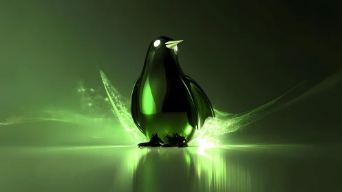 Glossy green digital penguin with glowing abstract effects.