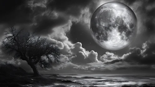 Midnight giant moon leaning over a wind-bent shoreline dream.