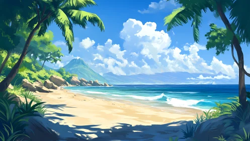 Tropical Paradise Beach with Volcanic Mountain Vista