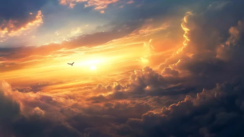 Radiant sunset sky embraces solitary airplane in clouds.