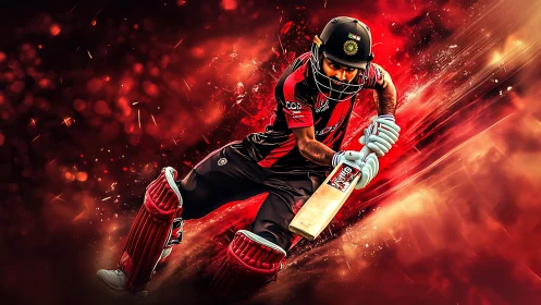 Cricket batsman drives ball in dynamic red digital artwork