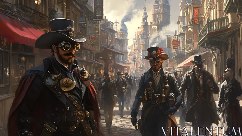 Steampunk costumed figures walking through dense city street.