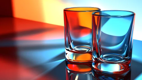 Two empty glass tumblers with vivid red and blue reflections, modern style.