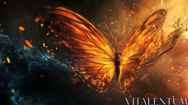 Fiery monarch butterfly shatters through swirling embers.