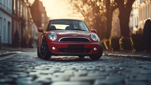 Sunlit red city car resting on quiet cobblestone street.