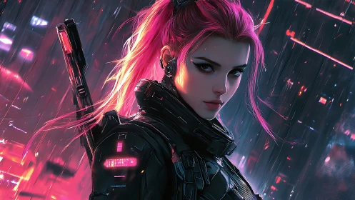 Cyberpunk sniper girl under neon rain in dark cityscape.
