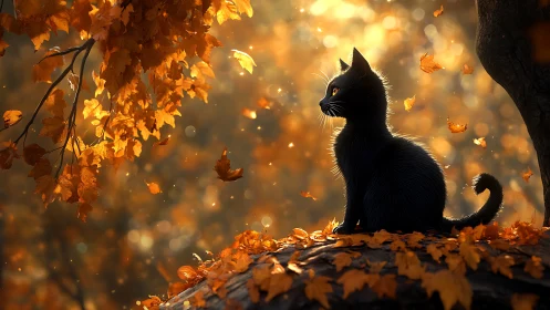 Black Cat Contemplates Autumn Cascade.