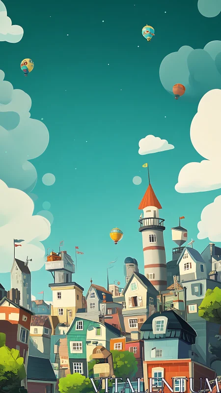 Whimsical hilltop harbor town sends bright balloons skyward