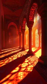 Sunlit arches cast patterned shadows across ornate hall