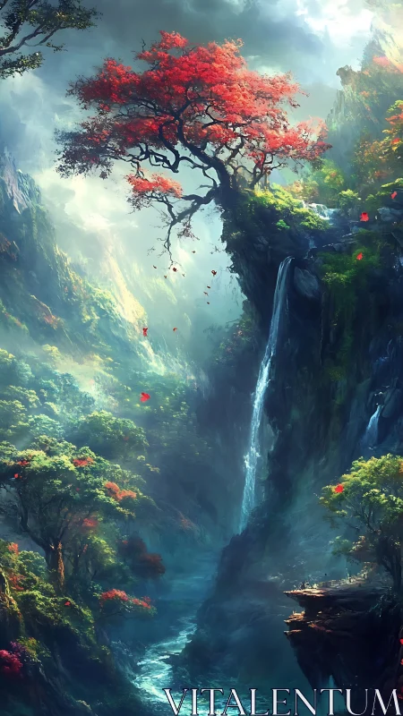 Red tree over waterfall in misty fantasy canyon scene.