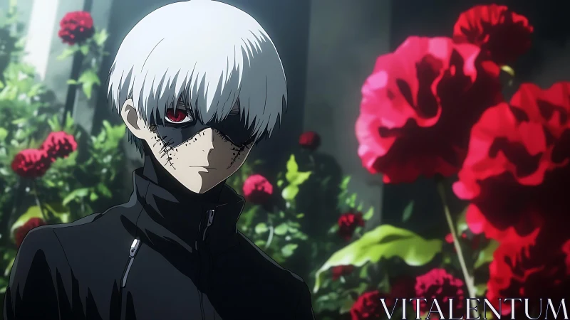 Brooding white-haired figure stands amid bold crimson blooms