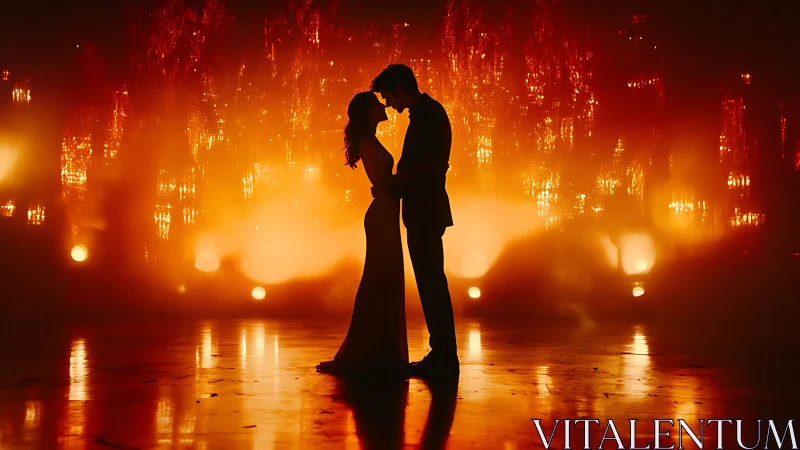 Silhouetted Couple Kissing Against Fiery Urban Backdrop.