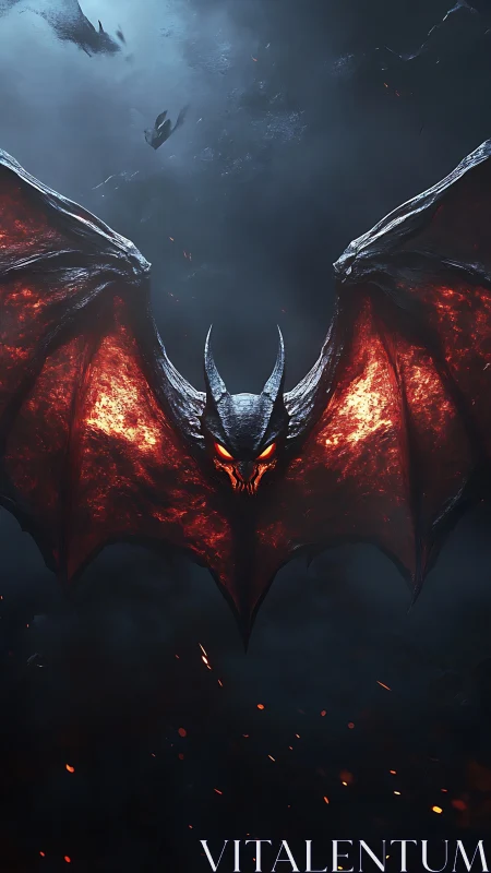 Demonic bat creature spreads molten wings against storm clouds