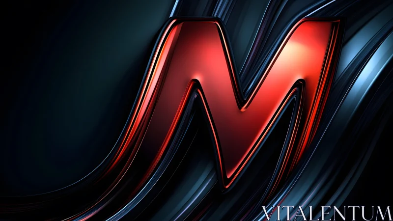 Glossy Red Metallic Letter M on Dark Abstract Background.