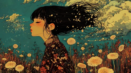 Dreaming girl in floral meadow under drifting clouds.