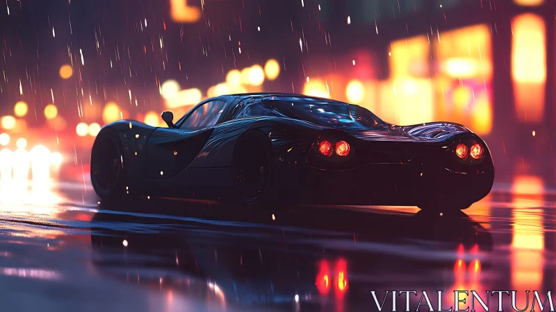 Low sports car moves through wet city street under rainfall